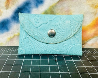 Turquoise aqua embossed Leather-Hold Everything Pouch, Card Holder, works 4 Coins