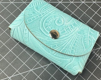 Handcrafted double stacked leather card holder wallet business aqua embossed
