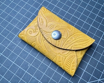 Yellow embossed Leather-Hold Everything Pouch, Card Holder, works 4 Coins