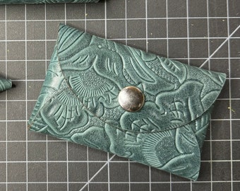 Sage green embossed Leather-Hold Everything Pouch, Card Holder, works 4 Coins