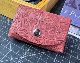Handcrafted double stacked leather card holder wallet business burgundy red embossed