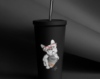 Insulated glass, Glass with straw, Printed glass, Coffee glass, Gift for her, Eco-friendly glass, Travel mug, Reusable cup, Handmade gift