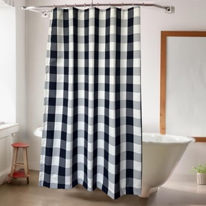 Blue Stripe Plaid Pattern Waterproof Shower Curtain with Hooks for Home Bathroom Decorative Curtains, Custom Size Available.