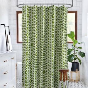 Rideau de douche imperméable à motif géométrique vert avec crochets pour rideaux décoratifs de salle de bain, taille personnalisable.