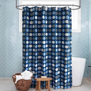 Rideau de douche imperméable à motif circulaire bleu, rideau suspendu décoratif pour salle de bain avec crochets, taille personnalisée.