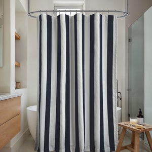 Navy Blue Striped Waterproof Shower Curtain, Home Bathroom Decorative Curtain with Hooks, Size Customisable.