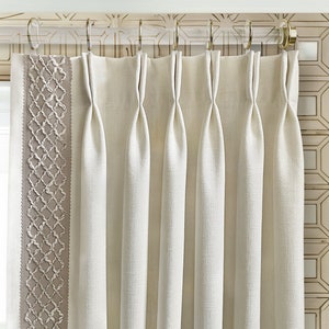 Premium Linen Curtains,White Cotton Linen Curtains with Decorative Trim,Contemporary Pinch Pleated Drapes in Custom Sizes,Bedroom Decor