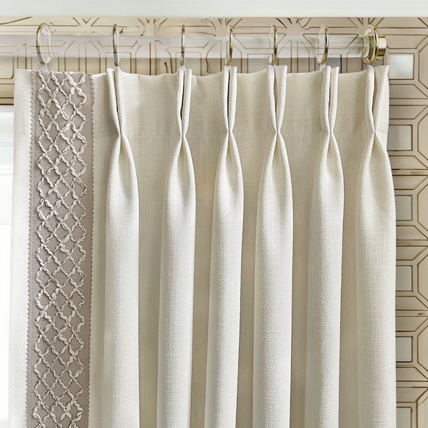 Premium Linen Curtains,White Cotton Linen Curtains with Decorative Trim,Contemporary Pinch Pleated Drapes in Custom Sizes,Bedroom Decor