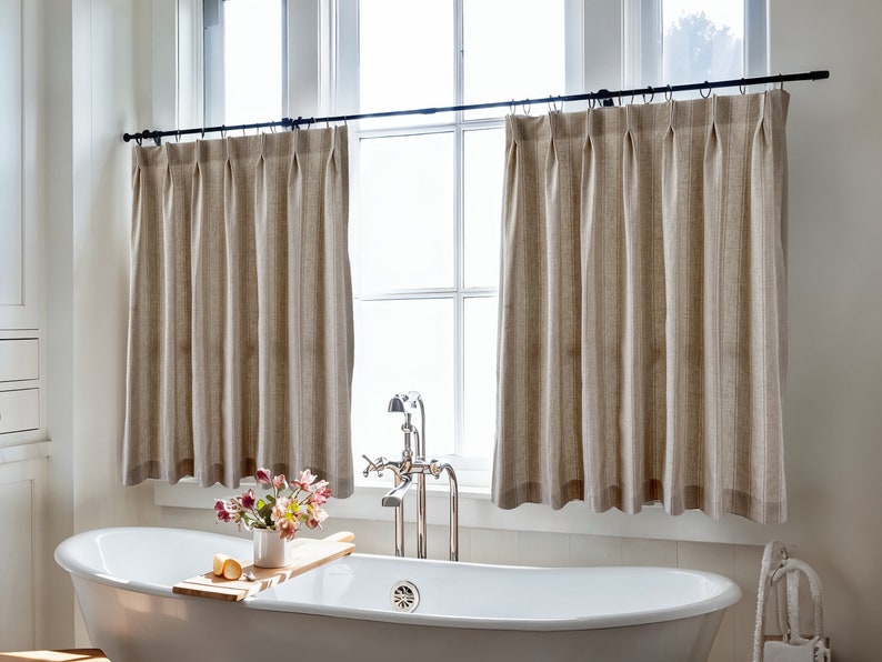 Custom Short Curtains,striped Linen Cafe Curtain Clara Beige Stripe ...