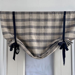 Tie Up Privacy Fabric Window Curtain,Plaid Beige Valance,Black Tie,Custom Widths,Kitchen Valance,Cottage Decor