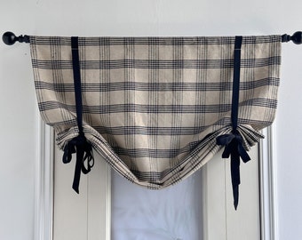 Tie Up Privacy Fabric Window Curtain,Plaid Beige Valance,Black Tie,Custom Widths,Kitchen Valance,Cottage Decor
