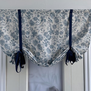 Fading Blue Floral Print Tie Up Valance,Farmhouse Valance,Custom Size Valance,Linen Cotton Curtain,Cottage Decor