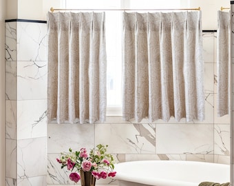 Beige Linen Double Pleated Cafe Curtains,Custom Short Curtains,Kitchen Curtains, Bathroom Curtains,Window Treatments, Farmhouse Style