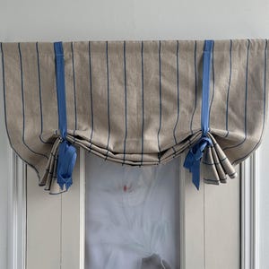 Blue Linen Cotton Stripe Pattern Curtains, Brown Tieback Roman Shades, Custom Width, Light Blue Tiebacks, Kitchen Curtains, Door Curtains