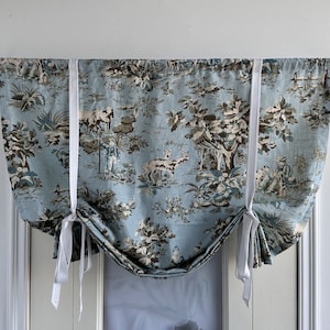 Tie Up Privacy Fabric Window Curtain,Light Blue Valance,White Tie,Custom Widths,Kitchen Valance,Cottage Decor