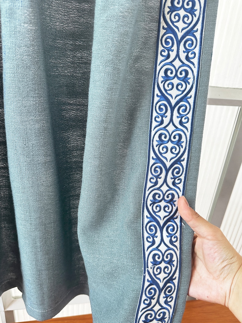 Light Blue Cafe Curtain With Navy Trim,custom Short Curtains, French