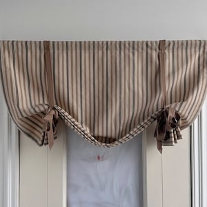 Brown Linen and Cotton Stripe Pattern Curtains, Folding Roman Shades, Custom Width, Brown Ties, Kitchen Curtains, Lodge Decor, Door Curtains