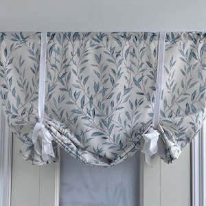 Cyan Blue Leaves Pattern Valance,Tie Up Privacy Fabric Window Curtain,White Tie,Custom Widths,Kitchen Valance,Cottage Decor