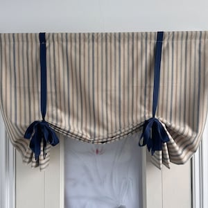 Brown Linen Stripe Pattern Curtains, Linen Folding Roman Shades, Custom Width, Blue Tiebacks, Kitchen Curtains, Lodge Decor, Door Curtains