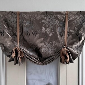 Brown Velvet Pattern Print Tie Up Valance, Custom Width, Brown Ties,Kitchen Curtains, Lodge Decor, Door Curtains