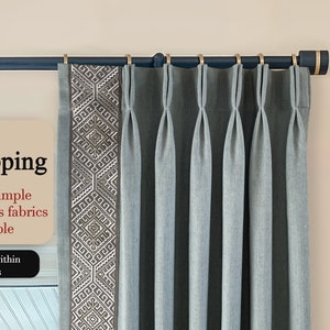 Premium Cotton Linen Curtains,Blue Cotton Linen Curtains with Trim,Contemporary Pinch Pleated Drapes,Bedroom Decor