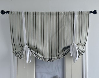 Mantovana con stampa a strisce ticchettanti, mantovana in stile rustico con nastro bianco, mantovana di dimensioni personalizzate, tenda in cotone di lino, arredamento cottage
