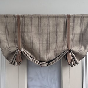 Brown Linen Stripe Pattern Curtains, Linen Folding Roman Shades, Custom Width, Brown Ties, Kitchen Curtains, Lodge Decor, Door Curtains