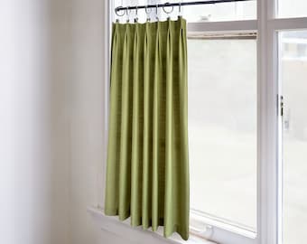 Chartreuse cafe curtains, custom short curtains, French cafe style curtains, pleated kitchen bathroom curtains, curtains, short curtains.