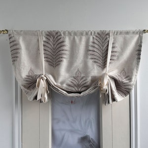 Fern Leaf Motif Embroidery Valance,Beige Tie Up Valance with Ribbon,Custom Size Valance,Linen Cotton Curtain,Privacy Shades