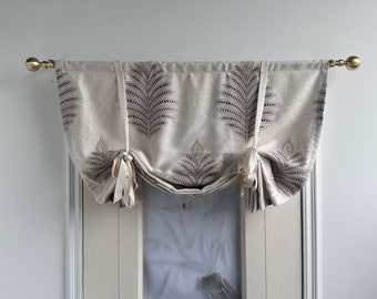 Fern Leaf Motif Embroidery Valance,Beige Tie Up Valance with Ribbon,Custom Size Valance,Linen Cotton Curtain,Privacy Shades