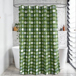 Rideau de douche imperméable à motif cercle vert, rideau suspendu décoratif pour salle de bain avec crochets, tailles personnalisées disponibles.