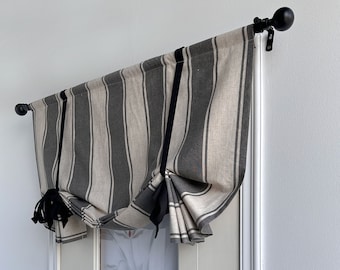 Linen Tie Up Valance,Grey Stripe Valance,Custom Size Valance,Linen Cotton Curtain,Privacy Shades