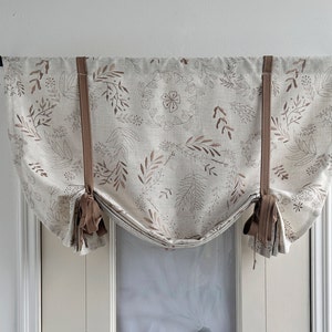 Off White Tie Up Valance, Leaf Pattern Valance,Custom Width, Brown Ties,Kitchen Curtains,Door Curtains