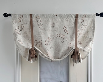 Off White Tie Up Valance, Leaf Pattern Valance,Custom Width, Brown Ties,Kitchen Curtains,Door Curtains