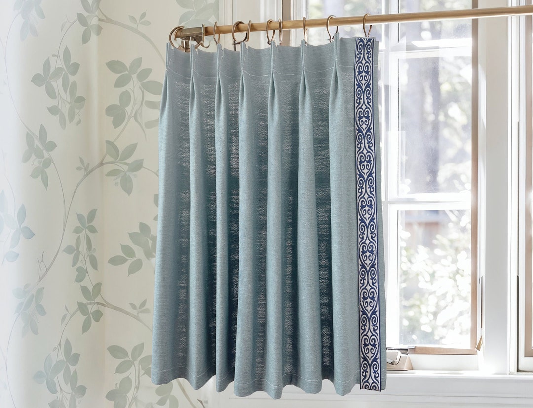 Light Blue Cafe Curtain With Navy Trim,custom Short Curtains, French