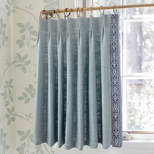 Light Blue Cafe Curtain With Navy Trim,Custom Short Curtains, French Cafe Style Curtain,Pleated Kitchen Bathroom Curtains,Window Treatments