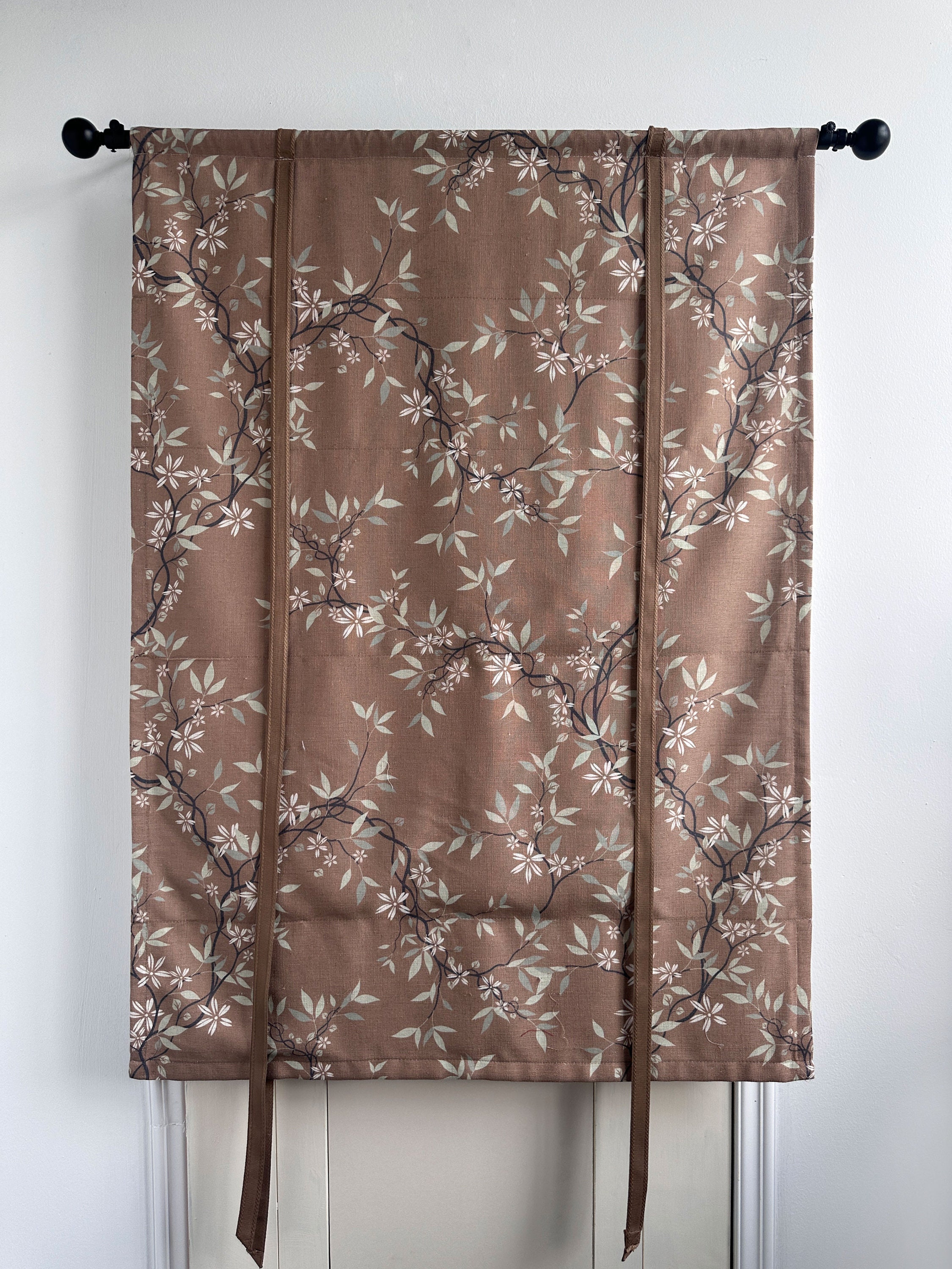 Brown Floral Pattern Print Linen Curtains,tie up Valance, Custom Width