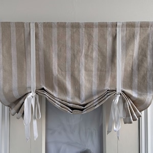 Striped Tie Up Privacy Fabric Window Curtain,Beige Valance,White Tie,Custom Widths,Kitchen Valance,Cottage Decor