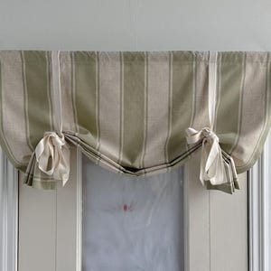 Green Linen Cotton Stripe Pattern Tieback Curtains, Custom Width, Beige Tiebacks, Kitchen Curtains, Lodge Decor, Door Curtains