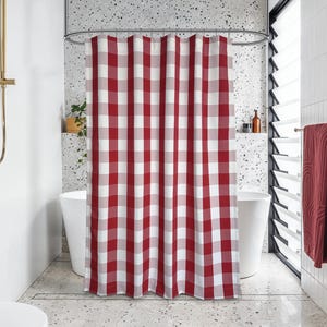 Red Stripe Plaid Pattern Waterproof Shower Curtain with Hooks for Home Bathroom Decorative Curtains, Custom Size Available.