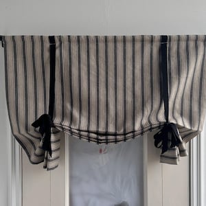 Black Linen Cotton Stripe Pattern Folded Trim Curtains, Custom Width, Black Ties, Kitchen Curtains, Lodge Decor, Door Curtains Gift for her