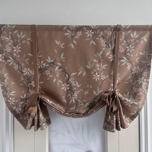 Brown Floral Pattern Print Linen Curtains,Tie Up Valance, Custom Width,Brown Tiebacks, Kitchen Curtains, Lodge Decor, Door Curtains