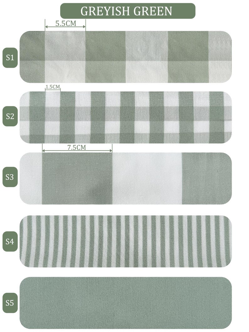 Pu&ograve; includere: Campioni di tessuto in verde grigiastro, che mostrano diversi motivi. I campioni includono disegni a quadri, a righe e a tinta unita. Le misure in centimetri sono visualizzate sopra alcuni motivi.