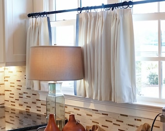 Custom Short Curtains,Beige Cafe Curtain with Black Trim,French Cafe  Curtain,Pleated Bathroom Curtains,Window Treatments,Cafe Ccurtains