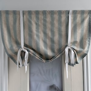 Light Blue Linen Stripe Pattern Curtains, Tie Up Valance, Custom Width, White Ties, Kitchen Curtains, Lodge Decor, Door Curtains