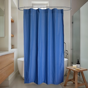 Rideau de douche imperméable bleu avec crochets pour rideaux décoratifs de salle de bain, dimensions personnalisées disponibles.