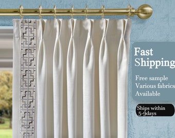 May include: White curtains with a geometric pattern border hanging from a gold curtain rod. The curtains are pleated and have a soft, linen-like texture.  "Fast Shipping" and "Ships within 5-9 days" are written in black text on a white background.