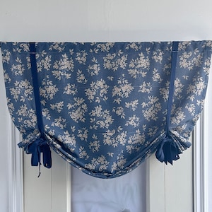 Blue Cotton Pastoral Floral Print Valance,Tie Up Valance,Custom Size Valance,Linen Cotton Curtain,Privacy Shades