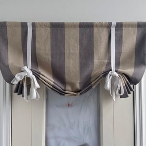 Purple Linen Stripe Pattern Curtains, Linen Folding Roman Shades, Custom Width, White Ties, Kitchen Curtains, Lodge Decor, Door Curtains