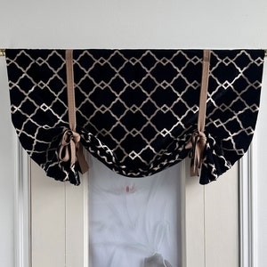 Rod Pocket Tie Up Valance,Black Patterned Valance with Light Brown Ribbon,Custom Size Valance,Velvet Curtain